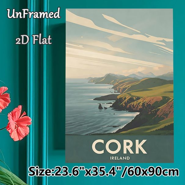 Cork Ireland Coastal Landscape Painting Poster, Soft-toned Retro Minimalist Coastal Cliff & Ocean Scene Poster, Serene Scenic View Ideal For Living_maomaolike.com