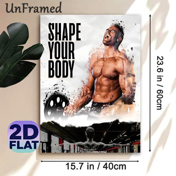 Fitness Motivational Painting Poster, Dynamic Muscular Figure & Gym Scene Poster, Inspiring "Shape Your Body" Design, Ideal For Gym And Home Workout_maomaolike.com