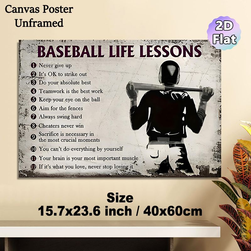 Baseball Life Lessons Painting Poster, Vintage Distressed Style Poster, Inspirational Motivational Quotes With Baseball Player Silhouette, Suitable_maomaolike.com