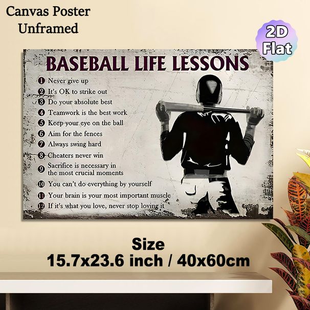 Baseball Life Lessons Painting Poster, Vintage Distressed Style Poster, Inspirational Motivational Quotes With Baseball Player Silhouette, Suitable_maomaolike.com
