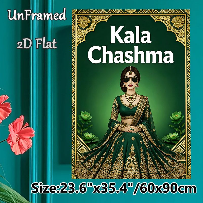 Kala Chashma Themed Painting Poster, Luxurious Indian Traditional Style Poster, Elegant Figure In Emerald Lehenga With Gold Embroidery And Lotus_maomaolike.com