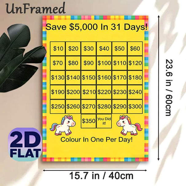 $5000 31-Day Savings Challenge Painting Poster, Colorful Cartoon Pony Themed Poster, Practical Tool To Track Daily Savings Progress, Ideal For Home_maomaolike.com