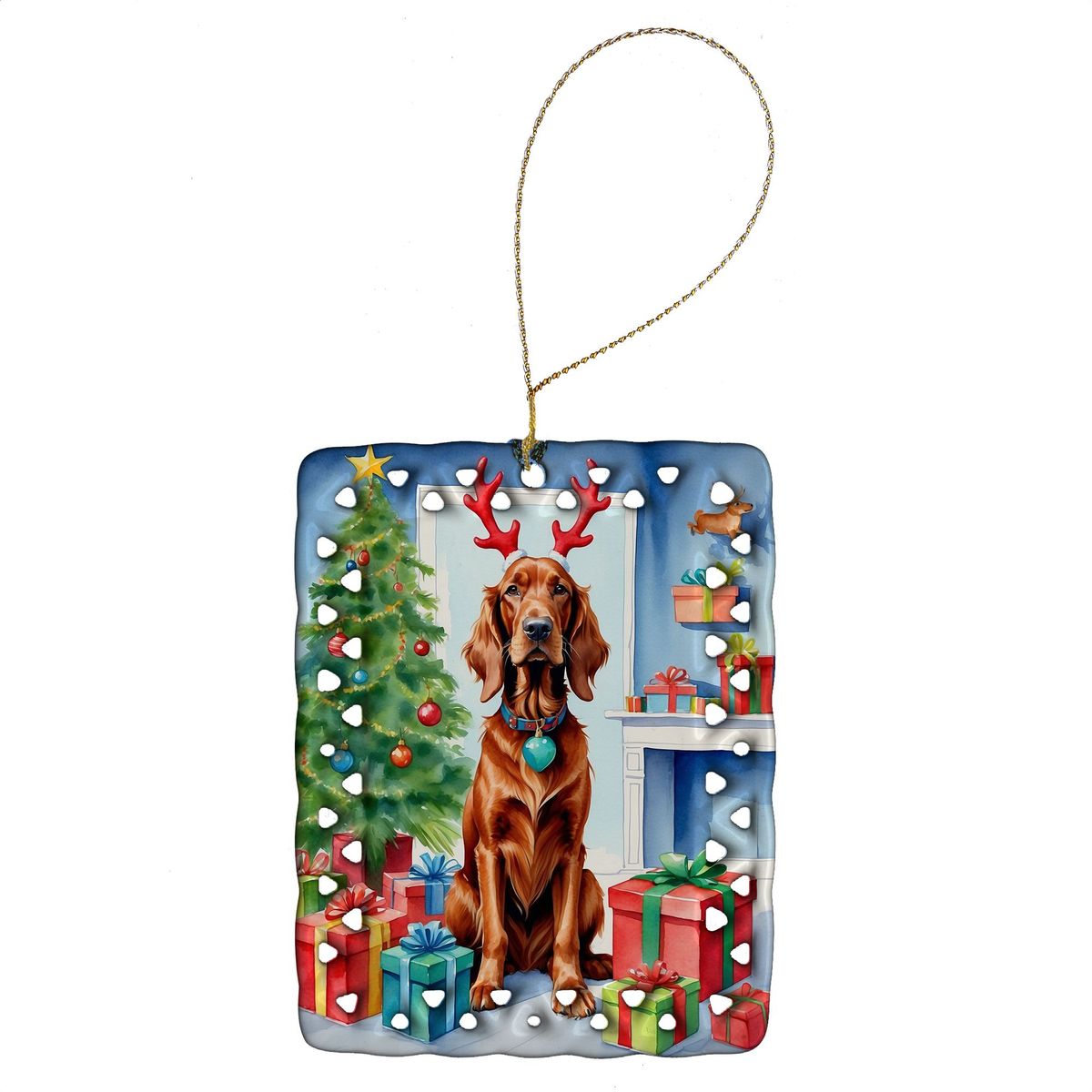 Irish Setter Christmas Reindeer Porcelain Ornament Christmas Tree Hanging Decorations For Home Christmas Holiday, Rectangle, Gift, Multicolor_maomaolike.com