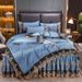 European Style Light Luxury Ice Silk Quilted Bed Skirt Four-Piece Set Satin Duvet Cover Bedspread Silky Lace Trim Bedding_maomaolike.com