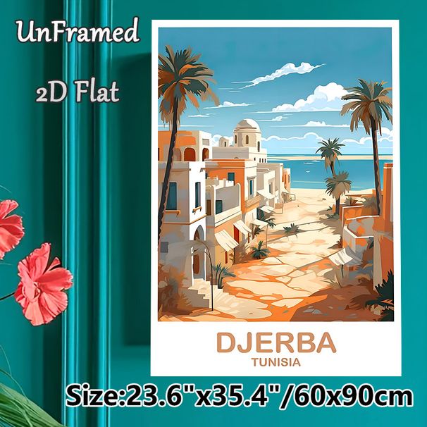 Djerba Tunisia Coastal Town Painting Poster, Bright Mediterranean Style Illustration Poster, Warm Coastal Town View Decor Ideal For Living Room_maomaolike.com