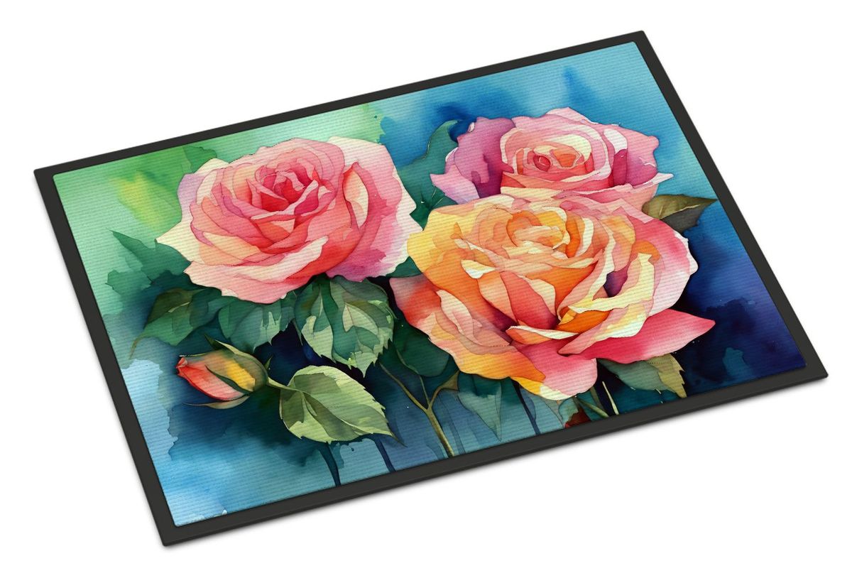New York Roses In Watercolor Doormat Front Door Mat Indoor Outdoor Rugs For Entryway, Non Slip Washable Low Pile, 24H X 36W_maomaolike.com