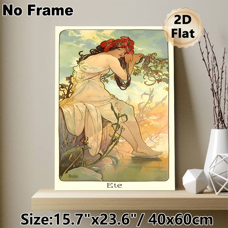 Summer Maiden Painting Poster, Elegant Art Nouveau Style Poster, Graceful Maiden With Red Floral Crown By Waterside, Delicate Vintage Decor Ideal For_maomaolike.com