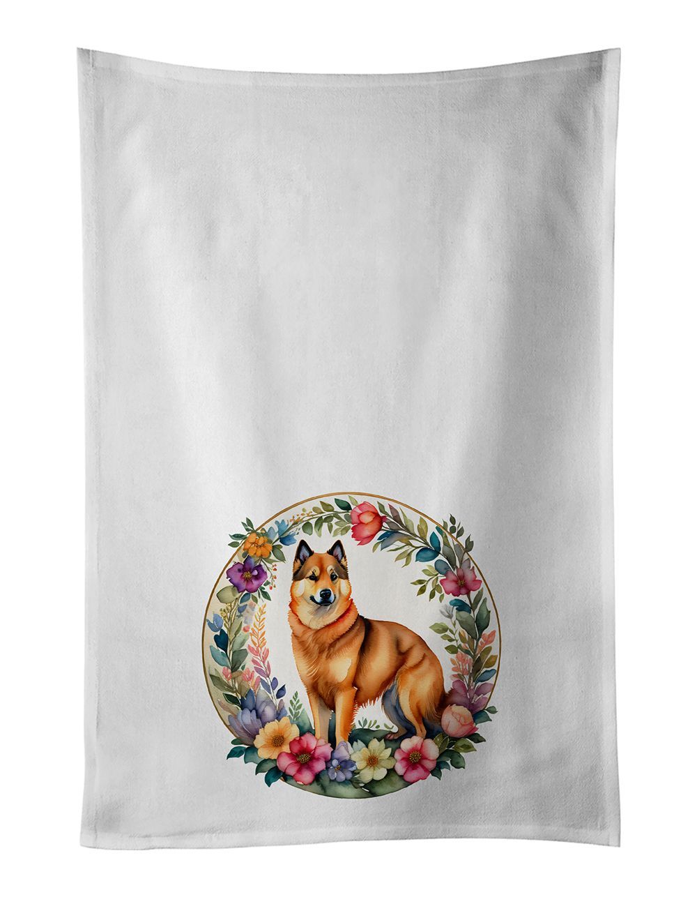 Finnish Spitz And Flowers Kitchen Towel Set Of 2 White Dish Towels Decorative Bathroom Hand Towel For Hand, Face, Hair, Yoga, Tea, Dishcloth, 19 X 28", White_maomaolike.com