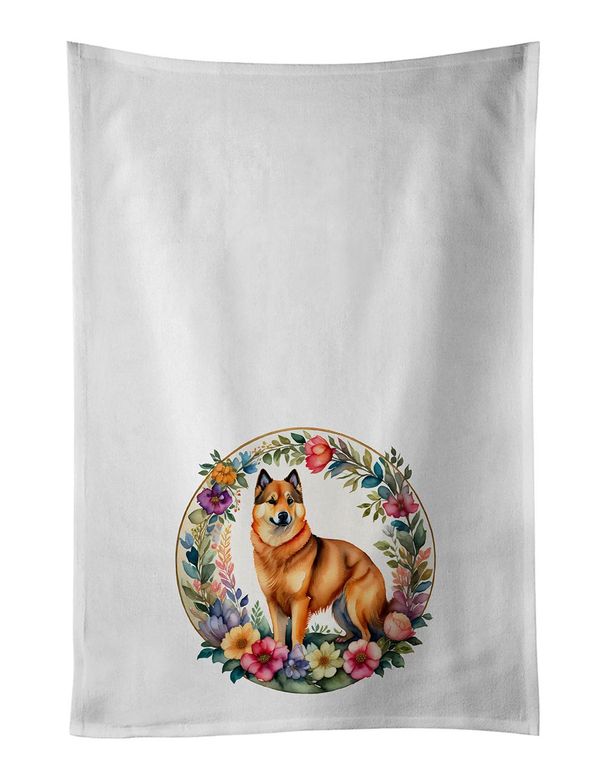 Finnish Spitz And Flowers Kitchen Towel Set Of 2 White Dish Towels Decorative Bathroom Hand Towel For Hand, Face, Hair, Yoga, Tea, Dishcloth, 19 X 28", White_maomaolike.com