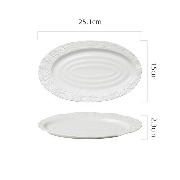 Rock Pattern Pure White Ceramic Plating Dish Oval Deep Steamed Fish Western Food Plate Hotel Tableware_maomaolike.com