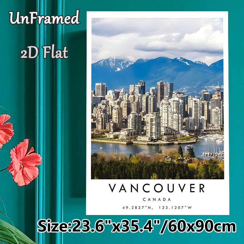 Vancouver Cityscape Painting Poster, Vibrant Realistic Urban Skyline With Snow-capped Mountains & Waterfront Poster, Captivating City Scenery Ideal_maomaolike.com