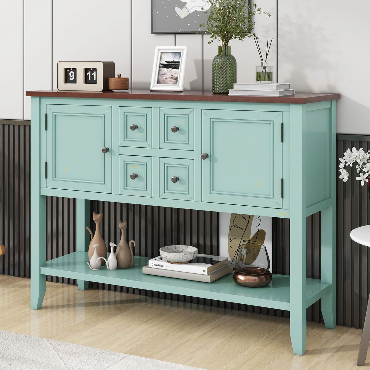 Cambridge Series Ample Storage Vintage Console Table With Four Small Drawers And Bottom Shelf For Living Rooms,Entrances And Kitchens_maomaolike.com
