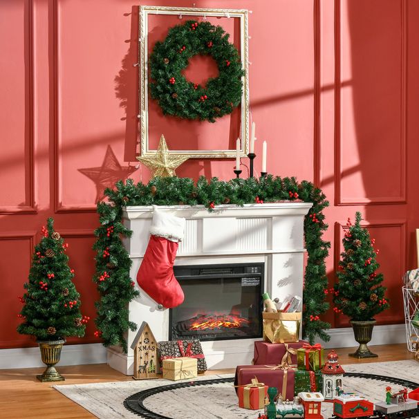 Prelit Holiday Christmas 4-Piece Set, Garland Wreath And Set Of 2 Entrance Trees With Warm White LED Lights, Red Berries, Pine Cones, Green_maomaolike.com
