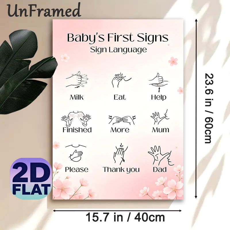 Baby First Signs Sign Language Painting Poster, Soft Pink Floral Minimalist Line Art Poster, Aids Learning Basic Baby Sign Language, Ideal For Bedroom_maomaolike.com