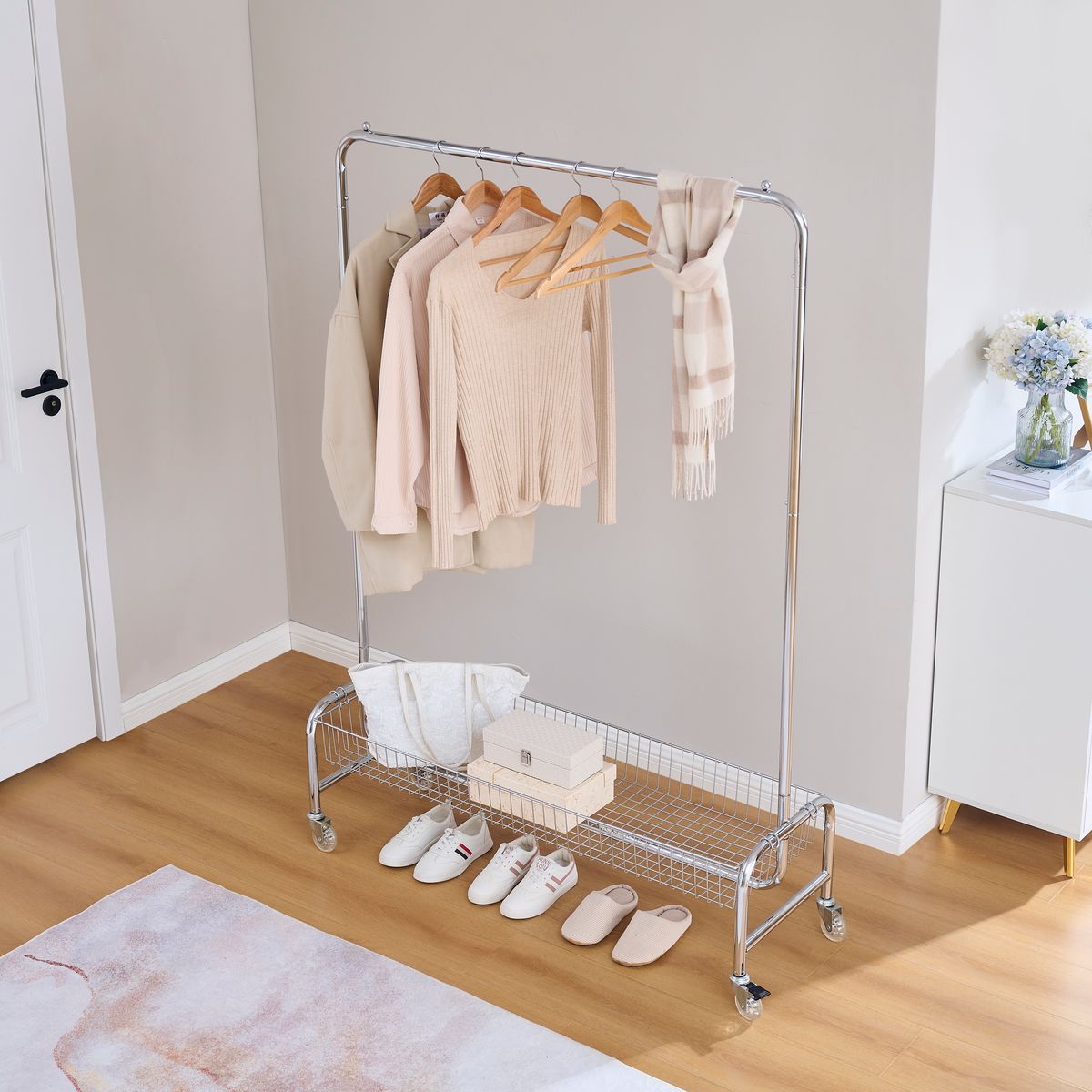 Garment Rack With Basket On Wheels Rolling Clothes Rack For Hanging Clothes Heavy Duty Garment Rack,2 Pcs In One Carton_maomaolike.com