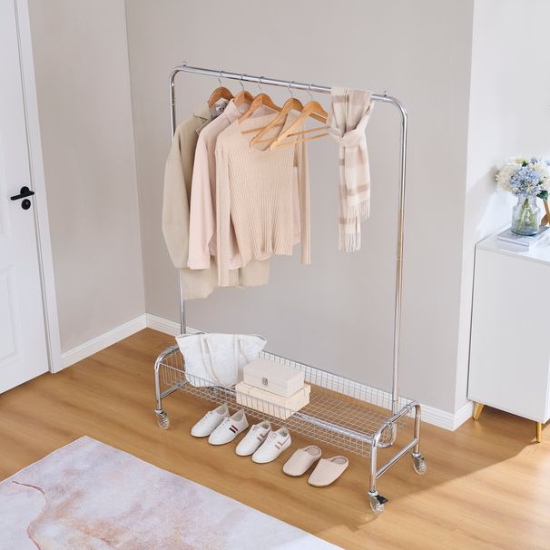 Garment Rack With Basket On Wheels Rolling Clothes Rack For Hanging Clothes Heavy Duty Garment Rack,2 Pcs In One Carton_maomaolike.com