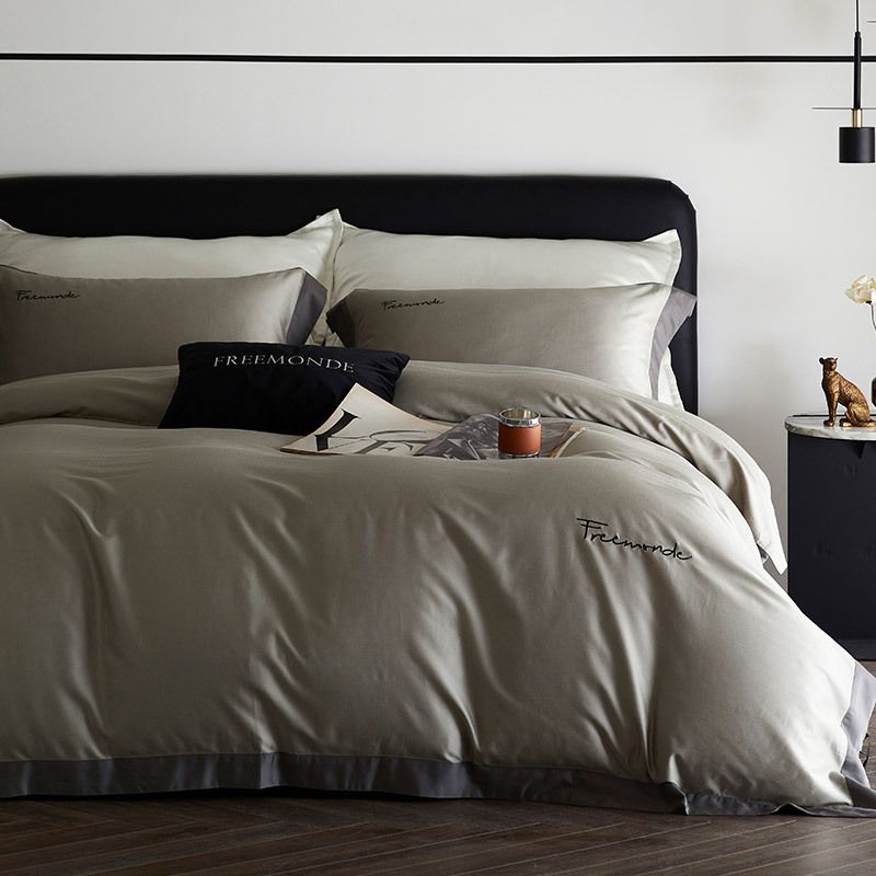 High-End Tencel Cotton Brushed Four-Piece Set Solid Color Simple Embroidery Color-Block Duvet Cover Bed Sheet Thickened Soft Beddi_maomaolike.com