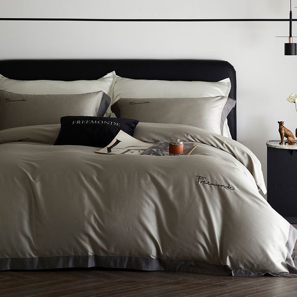 High-End Tencel Cotton Brushed Four-Piece Set Solid Color Simple Embroidery Color-Block Duvet Cover Bed Sheet Thickened Soft Beddi_maomaolike.com