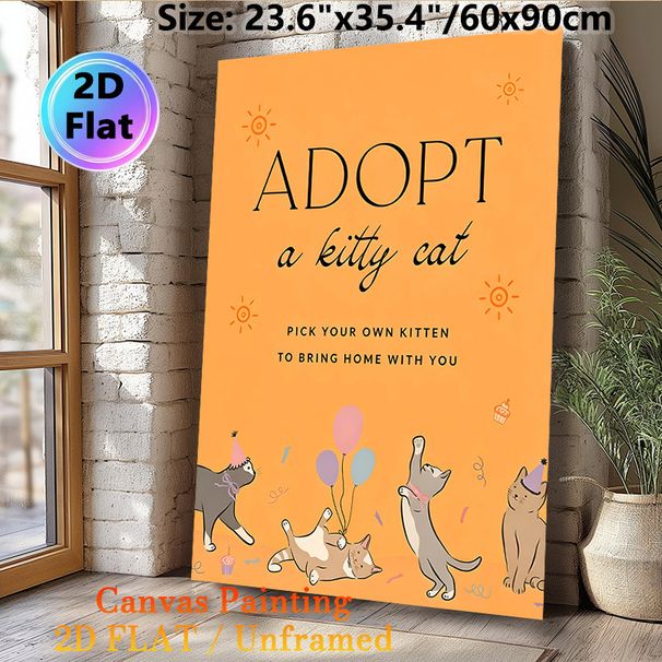 Adopt A Kitty Cat Painting Poster, Cute Cartoon Style Playful Party Kittens With Balloons Poster, Warm Heartwarming Decor Ideal For Pet Adoption_maomaolike.com
