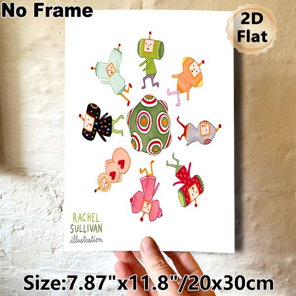 Whimsical Robot & Alien Character Painting Poster, Vibrant Watercolor Style Playful Quirky Figure Cluster Poster, Cheerful Decorative Accent For_maomaolike.com