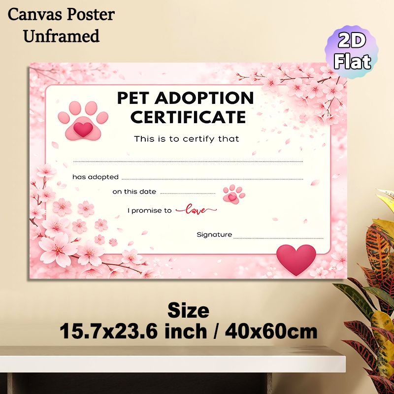 Pet Adoption Certificate Painting Poster, Soft Pink Cherry Blossom & Heart Paw Print Styled Poster, Thoughtful Design To Formalize Pet Adoption_maomaolike.com