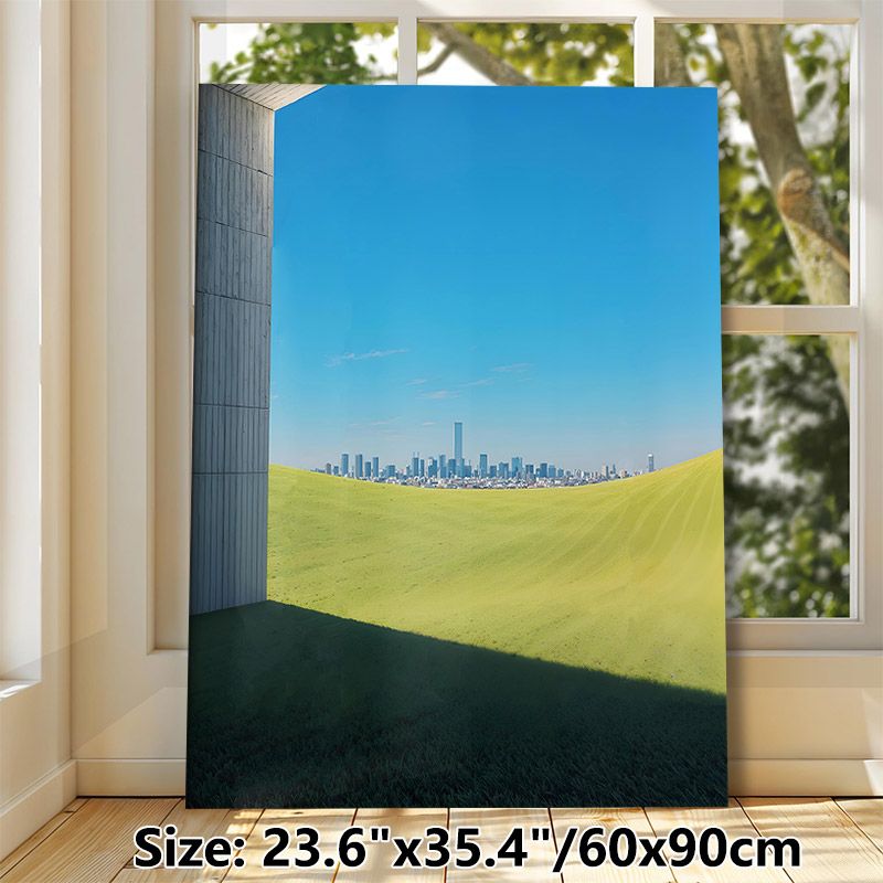 Urban & Pastoral Landscape Painting Poster, Serene Minimalist Scenic Poster, Calming City Skyline With Rolling Green Hills Design, Ideal For Living_maomaolike.com