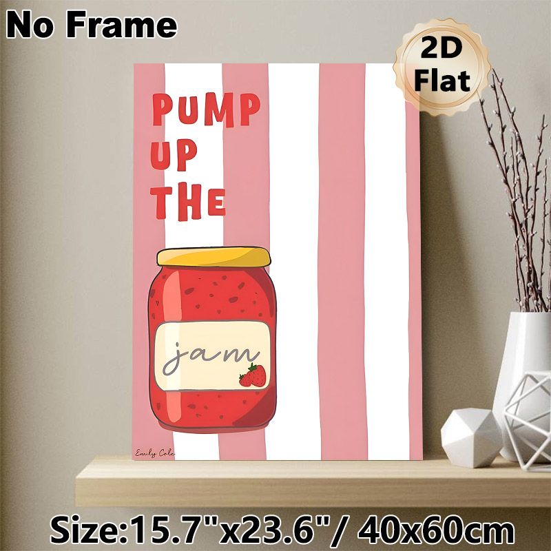 Strawberry Jam Themed Painting Poster, Playful Cartoon Style Jam Jar With "Pump Up The Jam" Text Poster, Cheerful Design Ideal For Kitchen And Dining_maomaolike.com