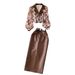 Women's Clothing collar floral chiffon shirt high waist tight PU leather skirt female high end outfit two piece suit_maomaolike.com