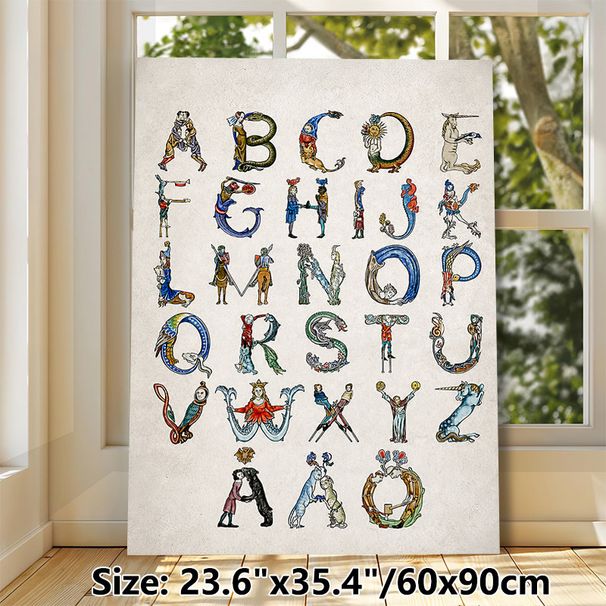 Medieval Alphabet Painting Poster, Vintage Illuminated Manuscript Style Poster, Each Letter Featuring Medieval Figures & Mythical Creatures_maomaolike.com