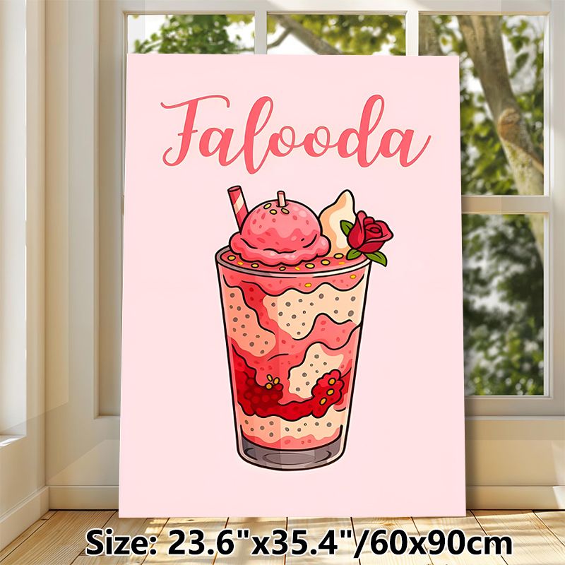 Falooda Themed Painting Poster, Soft Pink Cartoon Style Layered Falooda Drink Poster, Vibrant Cute Design Ideal For Dining Room And Kitchen Decor_maomaolike.com