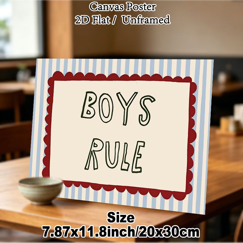Boys Rule Typography Painting Poster, Retro Hand-drawn Style Poster, Playful Bold Text With Striped Background & Scalloped Border, Ideal For Bedroom_maomaolike.com