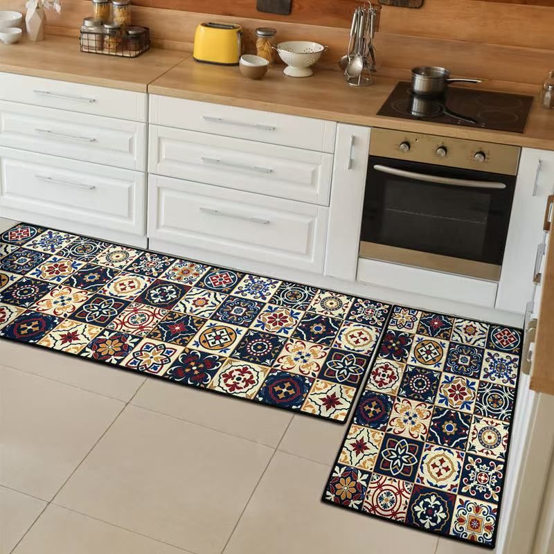 Vintage Moroccan Tile Pattern Mat - Oil-Proof Non-Slip Long Kitchen Rug, Bohemian Ethnic Style Absorbent Bathroom Mat_maomaolike.com