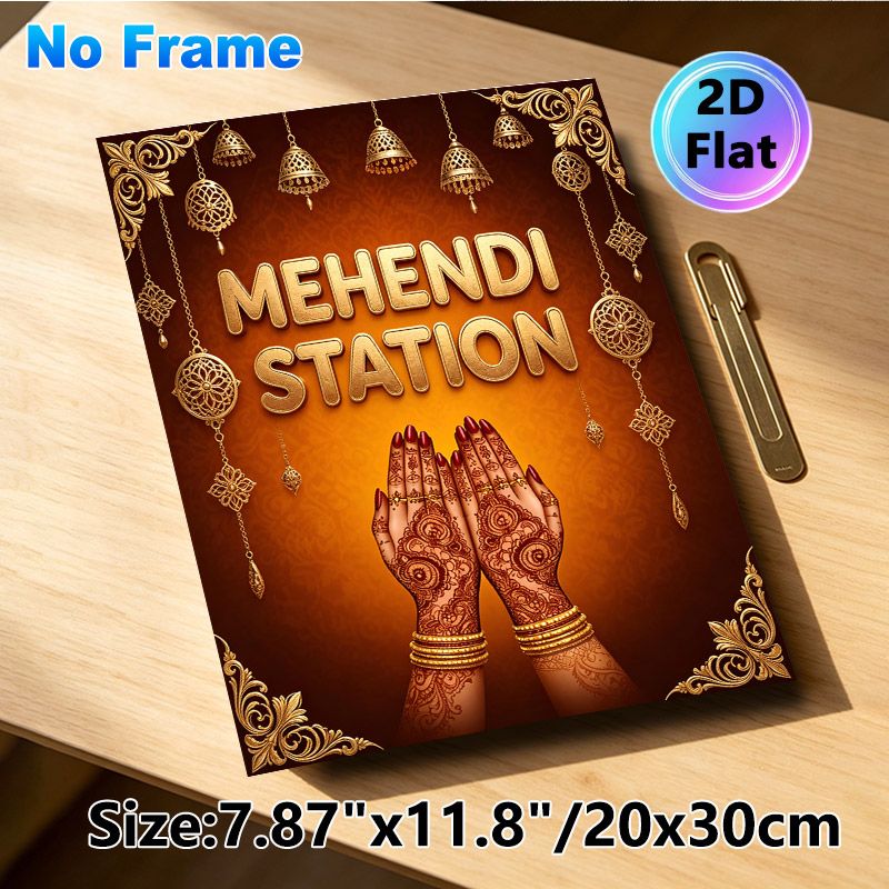 Mehendi Station Themed Painting Poster, Ornate Traditional Indian Style Poster, Features Intricate Henna Art & Golden Decorative Elements, Ideal For_maomaolike.com