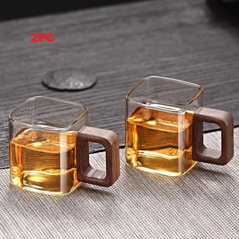 2PC High Borosilicate Transparent High-temperature Resistant Glass Walnut Handle Single-layer Glass Cup, Juice Single-layer Glass Cup_maomaolike.com