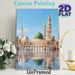 Mosque Themed Painting Poster, Soft-hued Realistic Islamic Architecture Scene Poster, Tranquil Domed Mosque With Reflection And Flying Birds, Ideal_maomaolike.com