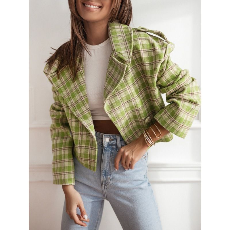 Women's Clothing New 2024 Fashion Suit Collar Plaid Printed Wool Coat_maomaolike.com