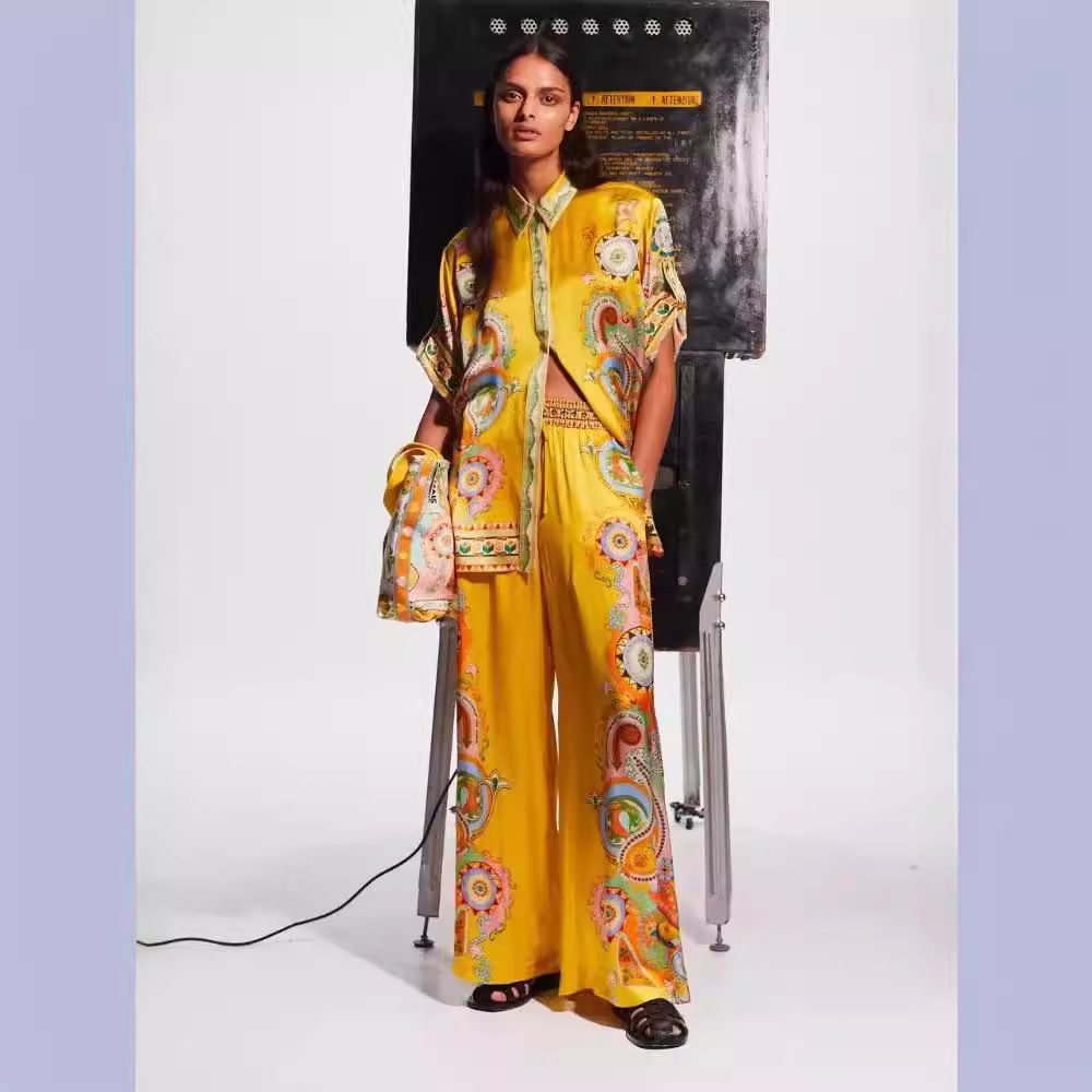 Women's Clothing fashion satin print flower short-sleeved holiday leisure tie suit_maomaolike.com