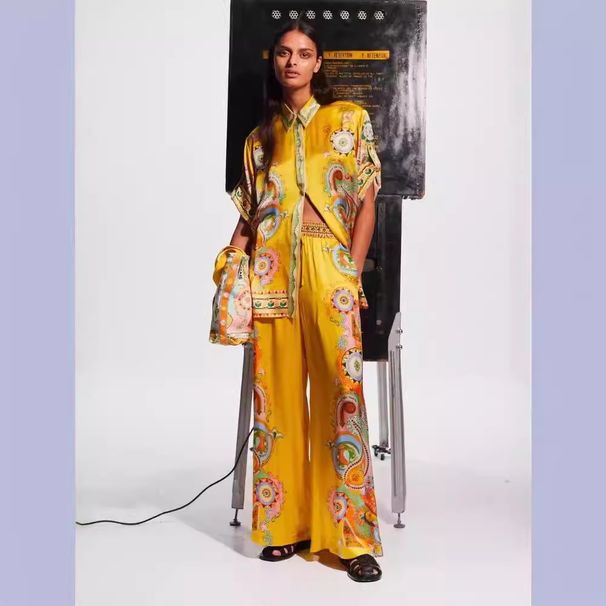 Women's Clothing fashion satin print flower short-sleeved holiday leisure tie suit_maomaolike.com