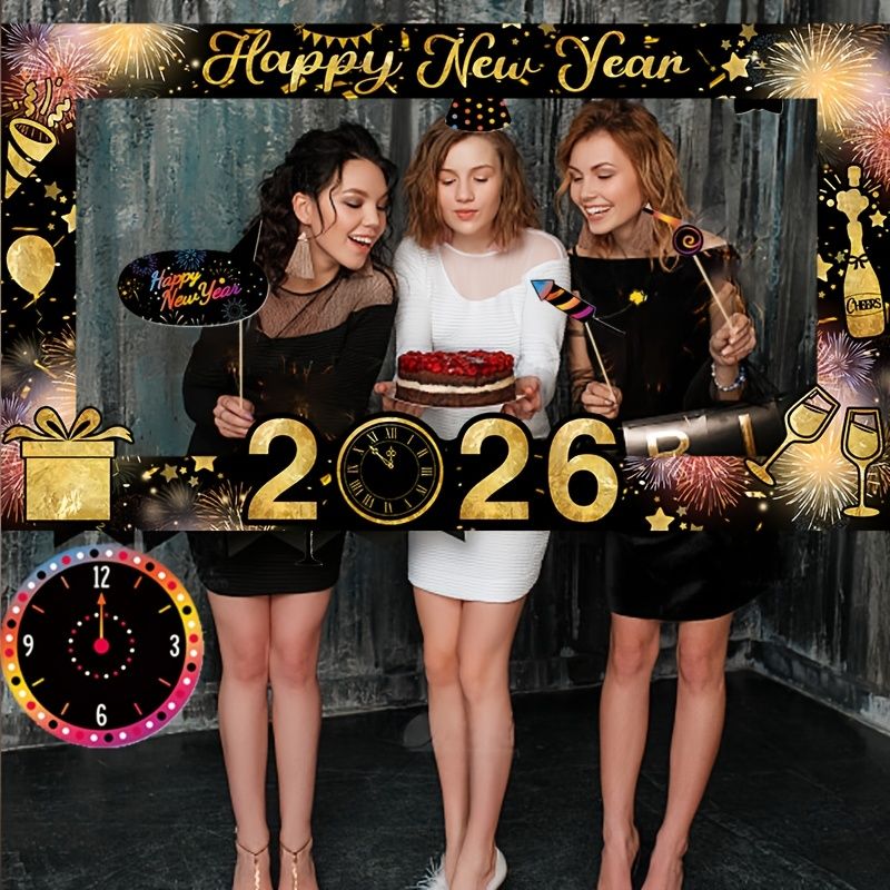 25Pcs Merry Christmas Happy New Year Photo Booth Props, Black Gold Paper Frames, Great For New Year Eve Party Photo Decor_maomaolike.com