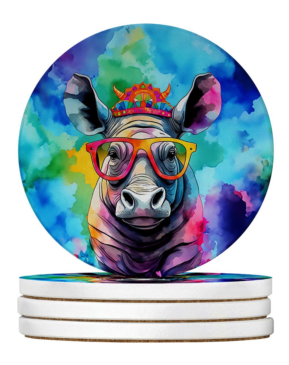 Hippie Animal Rhinoceros Large Sandstone Coasters Pack Of 4 Absorbent Round Coasters Decor Gifts For Men Or Women, 4 In, Multicolor_maomaolike.com