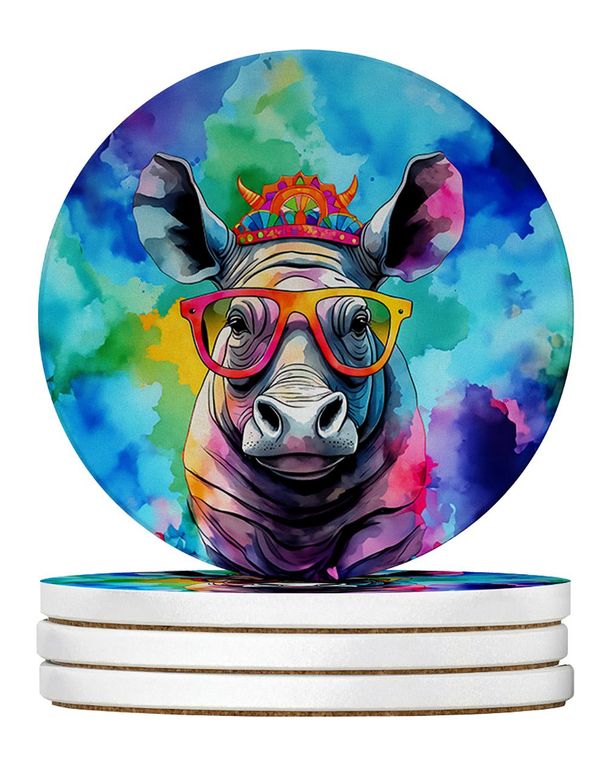 Hippie Animal Rhinoceros Large Sandstone Coasters Pack Of 4 Absorbent Round Coasters Decor Gifts For Men Or Women, 4 In, Multicolor_maomaolike.com