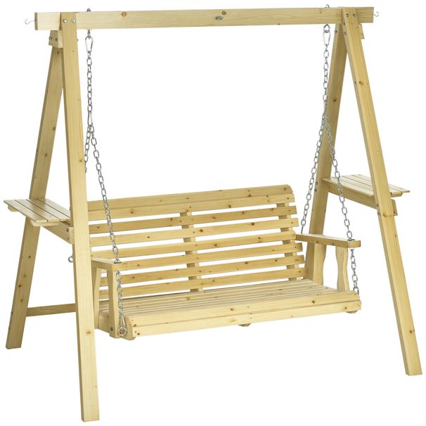 2-Seat Orch Swing With Stand, Wooden Patio Swing Chair With Side Tables And Metal Chains, Outdoor Hanging Bench For Garden, Poolside, Backyard, Natural Wood_maomaolike.com