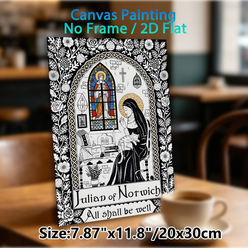 Julian Of Norwich Religious Painting Poster, Vintage Detailed Illustrated Scene With Nun, Cat & Stained Glass Poster, Serene Spiritual Artwork_maomaolike.com