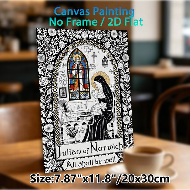 Julian Of Norwich Religious Painting Poster, Vintage Detailed Illustrated Scene With Nun, Cat & Stained Glass Poster, Serene Spiritual Artwork_maomaolike.com