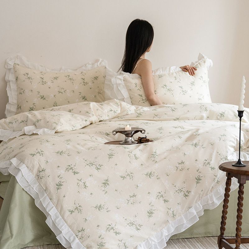 Wholesale INS Girl Heart Korean Romantic Small Floral Four-Piece Princess Style Ruffled Edge Pure Cotton 4-Piece Set_maomaolike.com