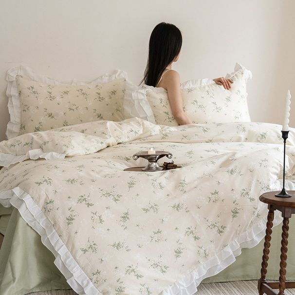 Wholesale INS Girl Heart Korean Romantic Small Floral Four-Piece Princess Style Ruffled Edge Pure Cotton 4-Piece Set_maomaolike.com