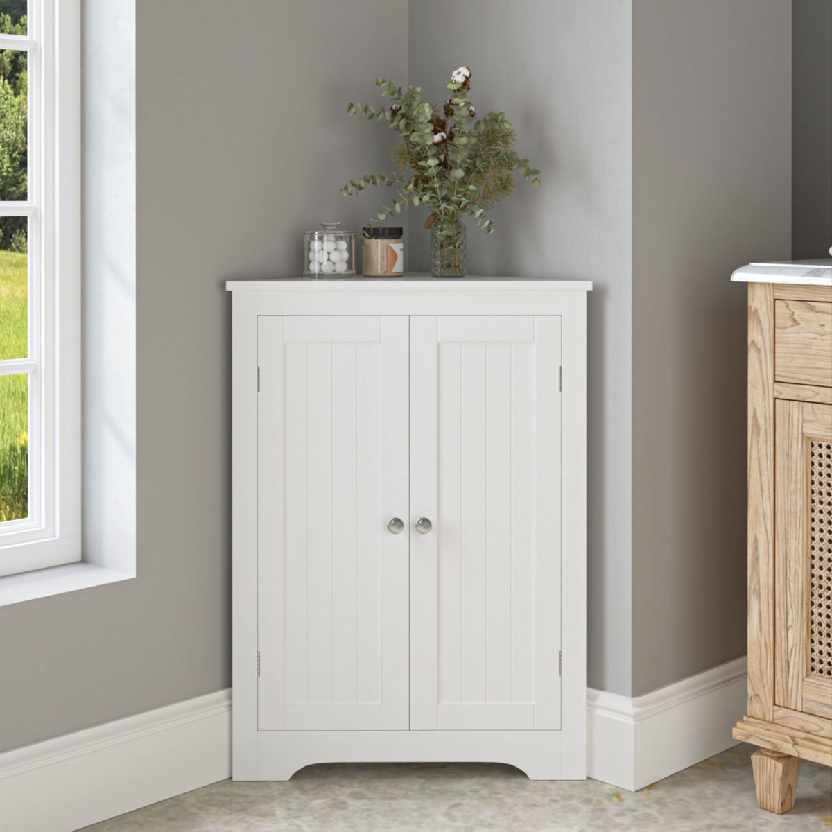 Floor Corner Cabinet With 2 Doors And Adjustable Shelves, Freestanding Narrow Cabinet Organizer, Corner Storage Cabinets For Bathroom, Kitchen, Living Room, Or Bedroom_maomaolike.com