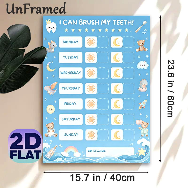 Tooth Brushing Reward Chart Painting Poster, Cute Watercolor Cartoon-style Poster, Daily Morning & Night Check-in Design To Develop Regular_maomaolike.com