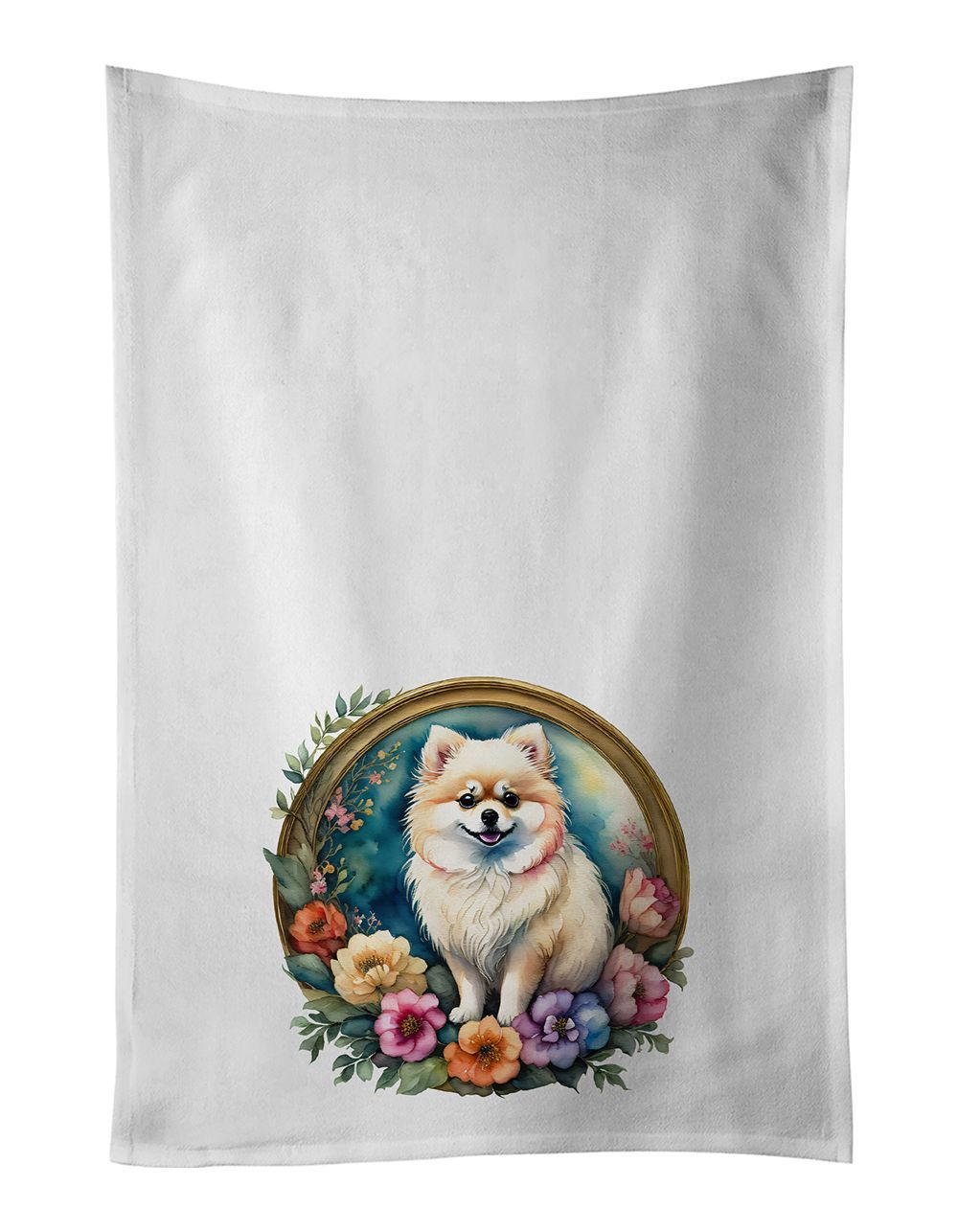Pomeranian And Flowers Kitchen Towel Set Of 2 White Dish Towels Decorative Bathroom Hand Towel For Hand, Face, Hair, Yoga, Tea, Dishcloth, 19 X 28", White_maomaolike.com