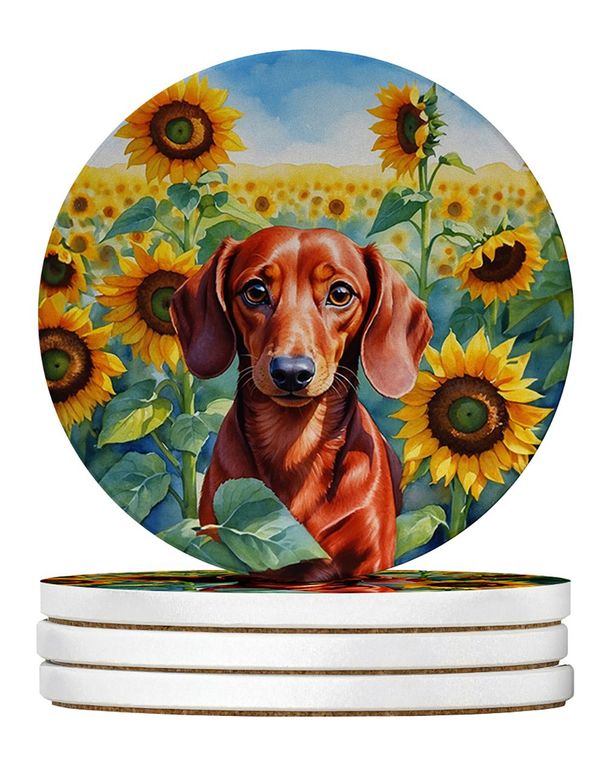 Dachshund In Sunflowers Large Sandstone Coasters Pack Of 4 Absorbent Round Coasters Decor Gifts For Men Or Women, 4 In, Multicolor_maomaolike.com